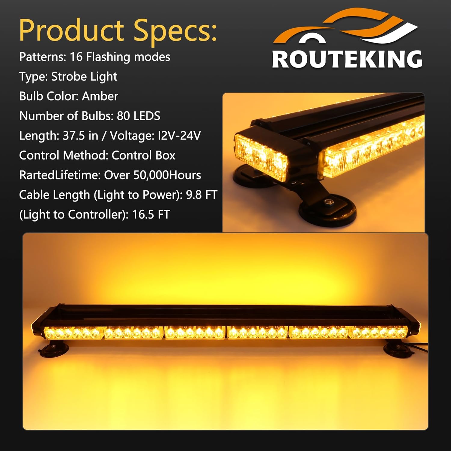 80 LED Amber Strobe Light Bar - Image 8