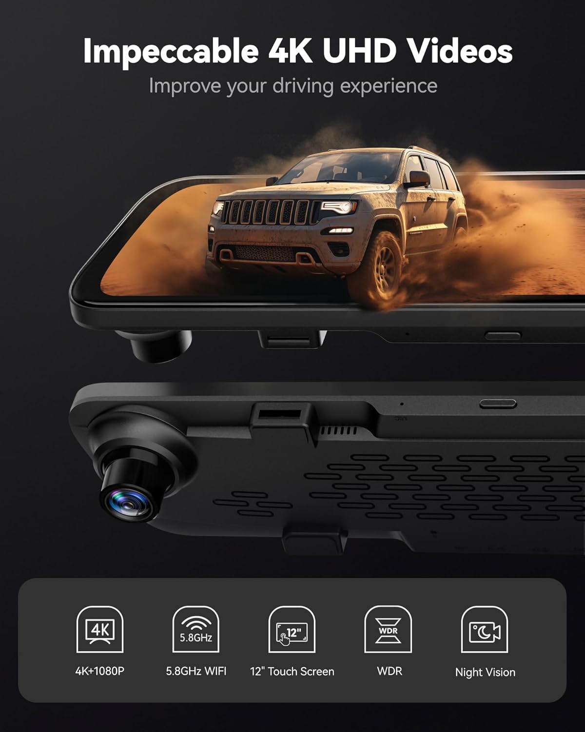 4K Mirror Dash Cam Front and Rear – 12" Smart Rear View Mirror Dash Camera with WiFi & GPS - Image 2