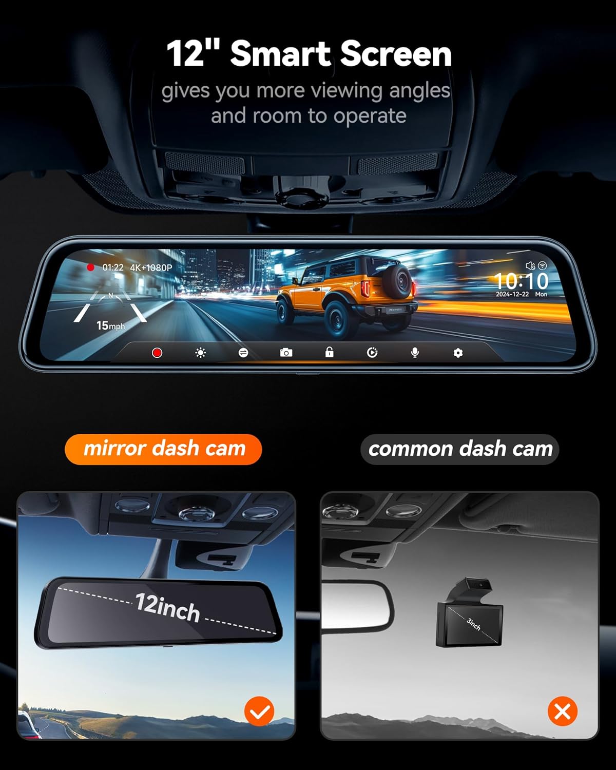 4K Mirror Dash Cam Front and Rear – 12" Smart Rear View Mirror Dash Camera with WiFi & GPS - Image 10
