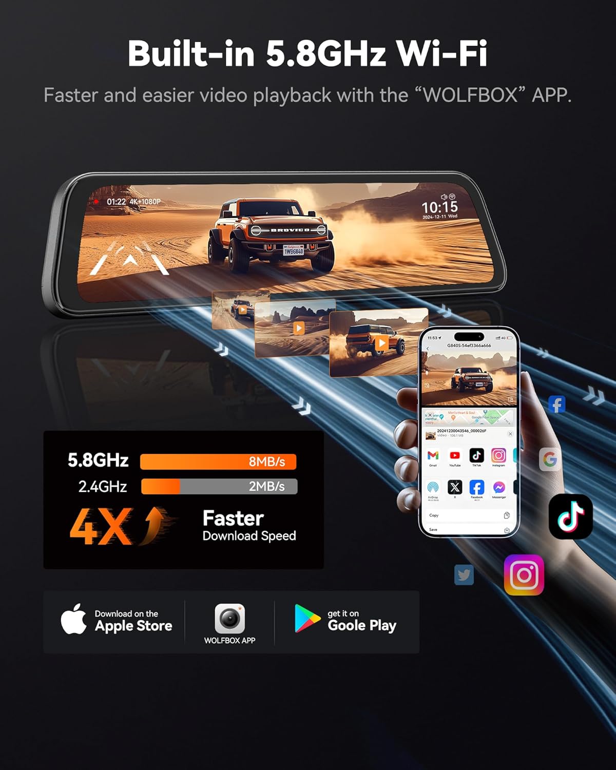 4K Mirror Dash Cam Front and Rear – 12" Smart Rear View Mirror Dash Camera with WiFi & GPS - Image 5