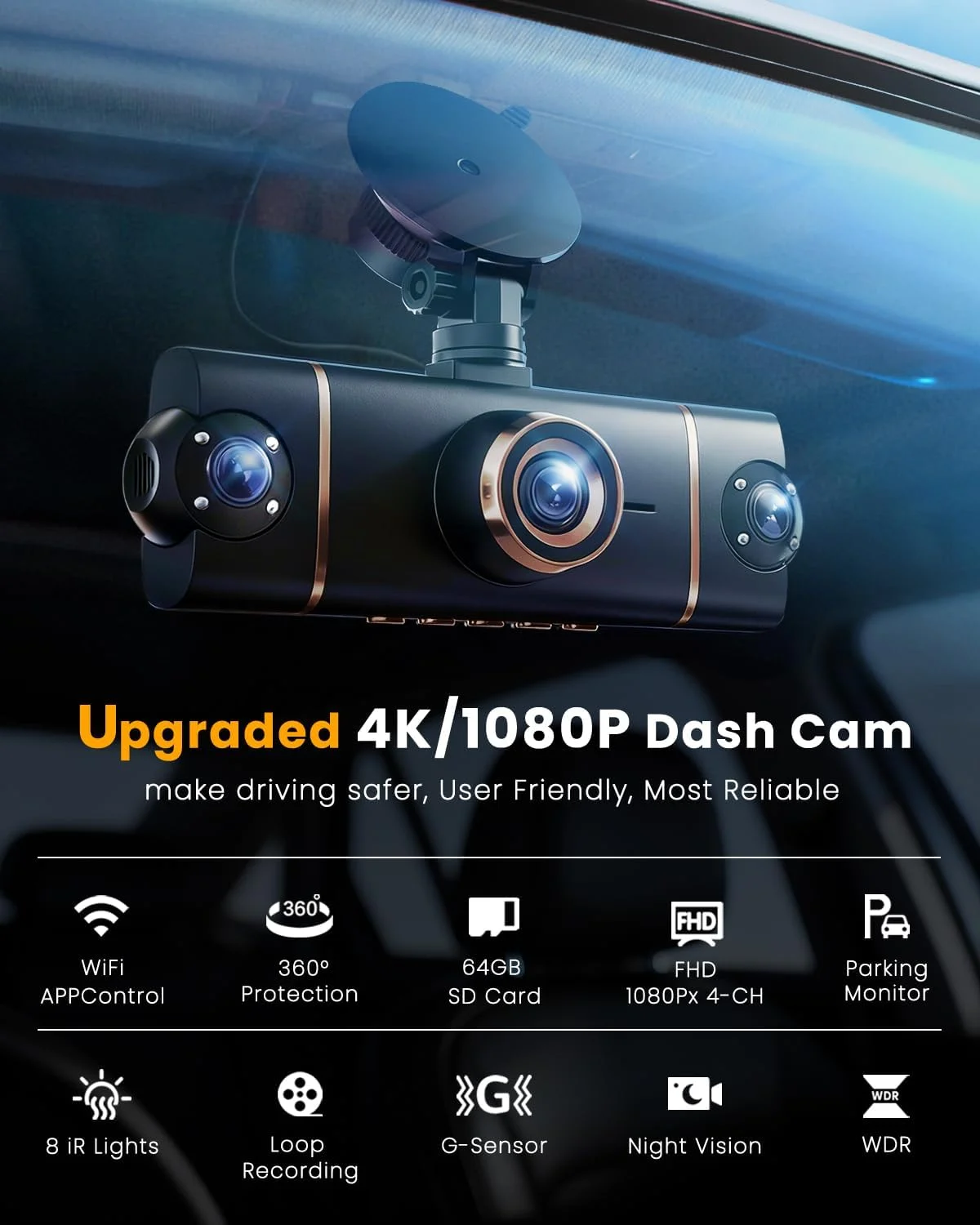 4 Channel 4K 360° Dash Cam with GPS, WiFi & Parking Mode - Image 2