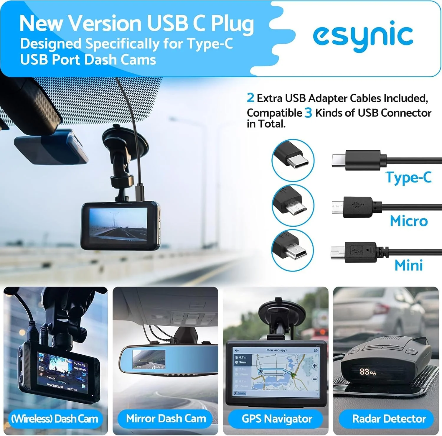 Micro USB Dash Cam Hardwire Kit - Universal 3-in-1 with USB-C & Mini USB Adapters - Image 3
