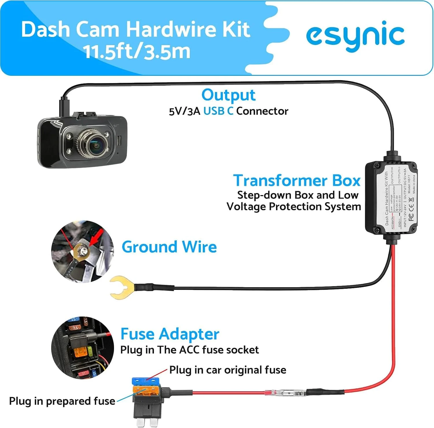 Micro USB Dash Cam Hardwire Kit - Universal 3-in-1 with USB-C & Mini USB Adapters - Image 7