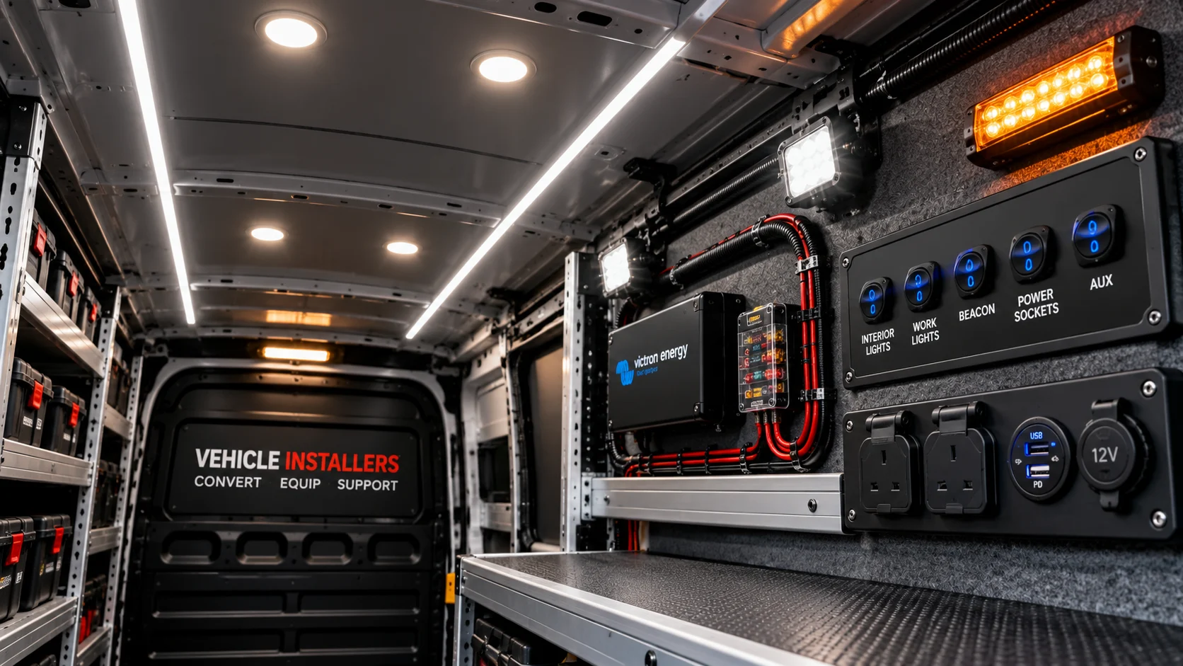 Commercial Van Lighting & Electrical Installations Commercial van interior fitted with LED lighting, electrical control panels, work lights and power sockets.