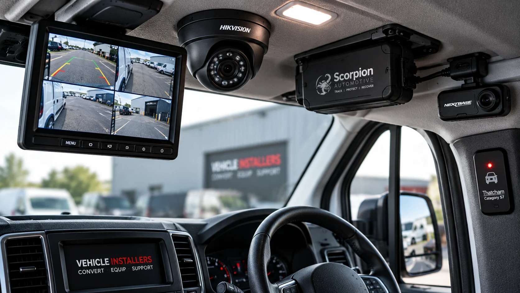Commercial Van Security & Technology Installations Commercial van fitted with reversing camera display, vehicle tracker, dash camera and security equipment.