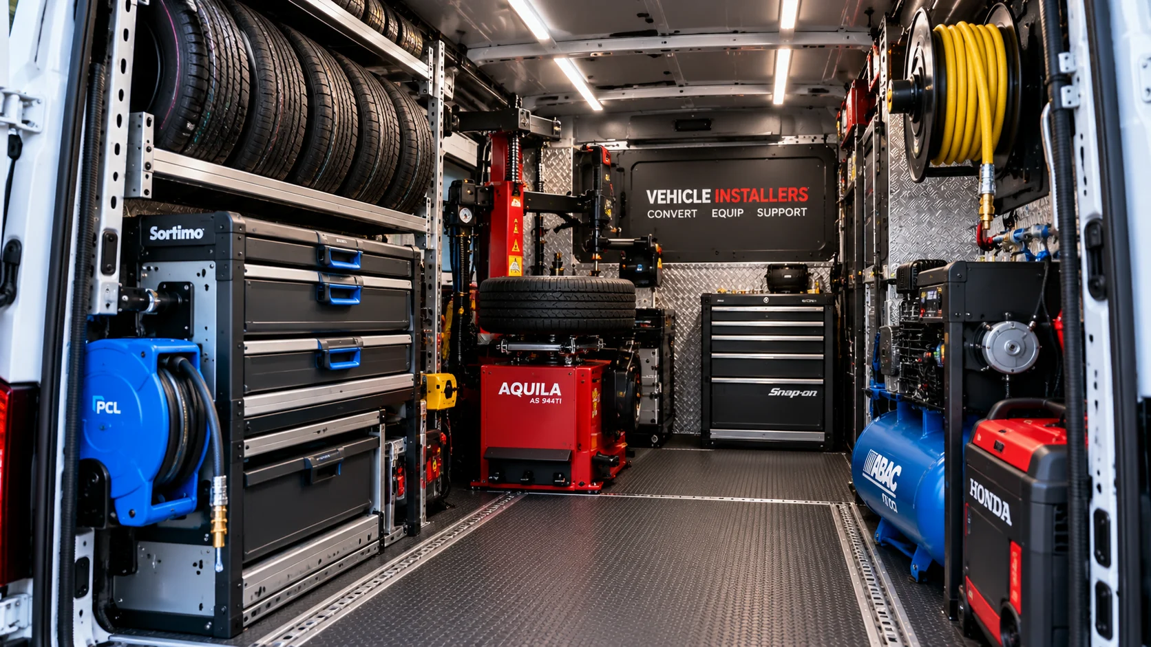 Specialist Commercial Van Equipment Installations Specialist commercial van conversion with compressor, equipment storage, hose reels and professional workshop installations.