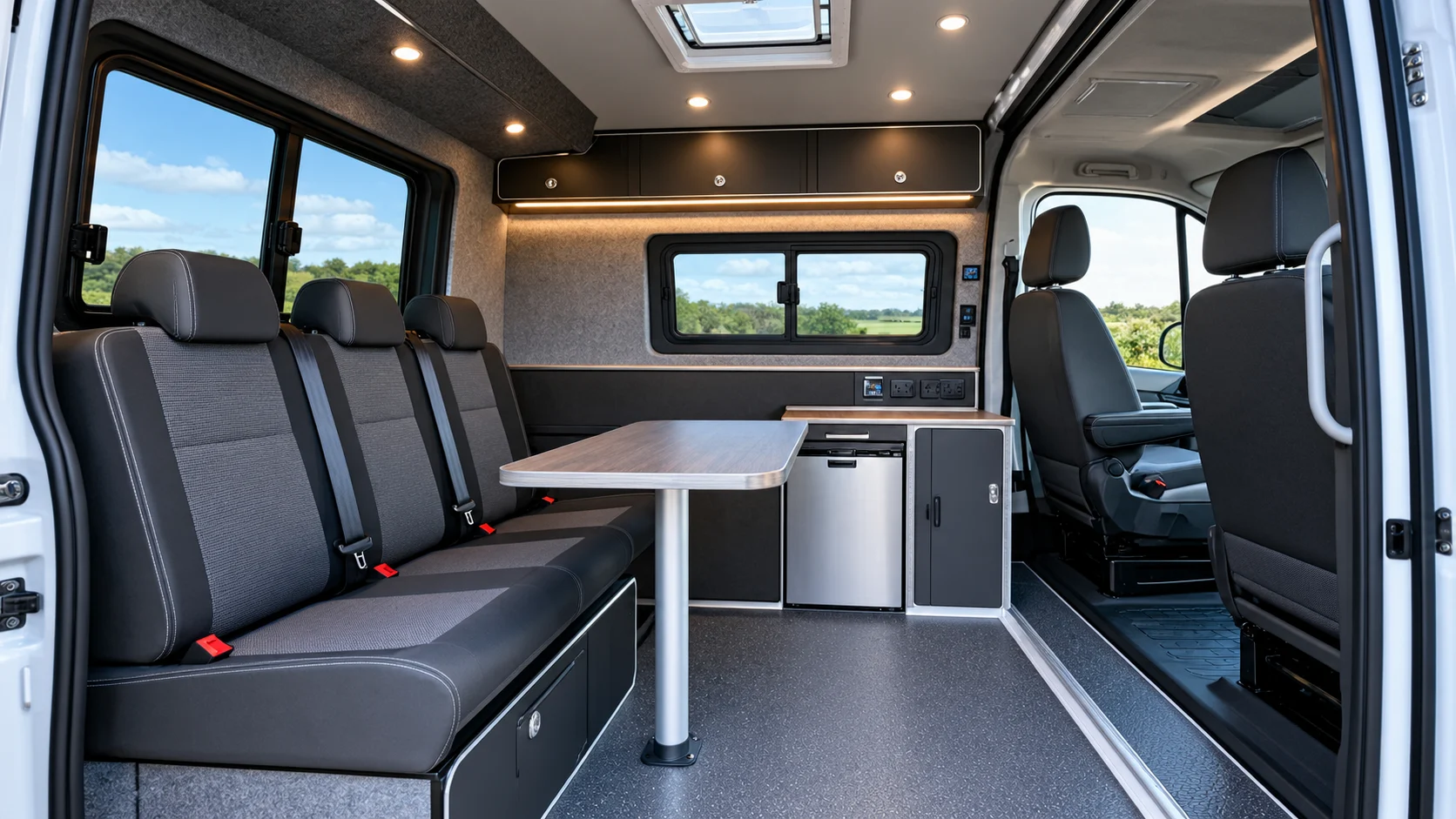 Bespoke Van Conversions interior with passenger seating, fitted windows, interior lining, storage and LED lighting.