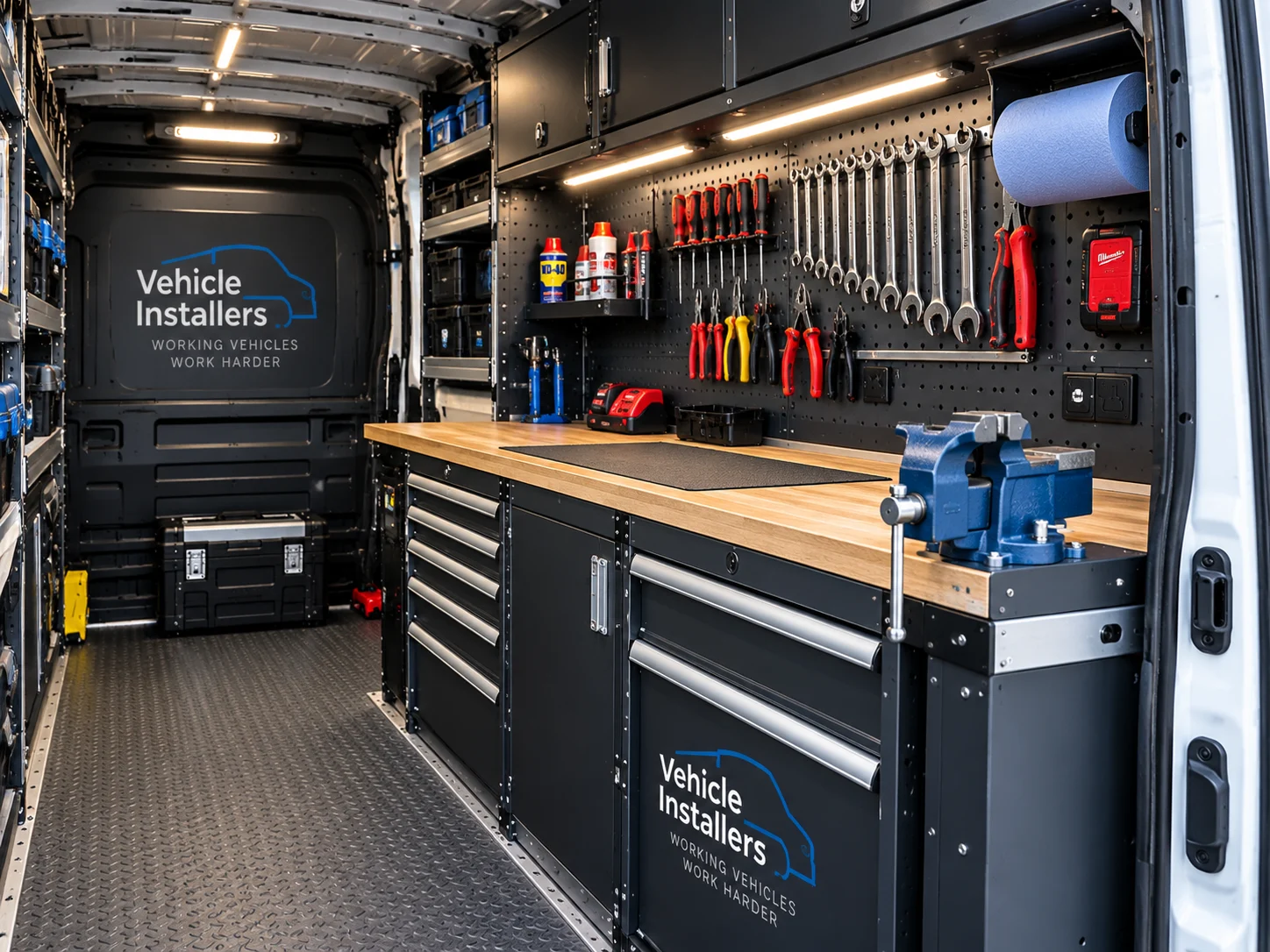 Mobile Mechanic Van – Workbenches & Workstations Mobile Mechanic Van Conversions workshop interior with a fitted workbench, heavy-duty tool drawers, bench vice, organised tool storage and LED lighting.
