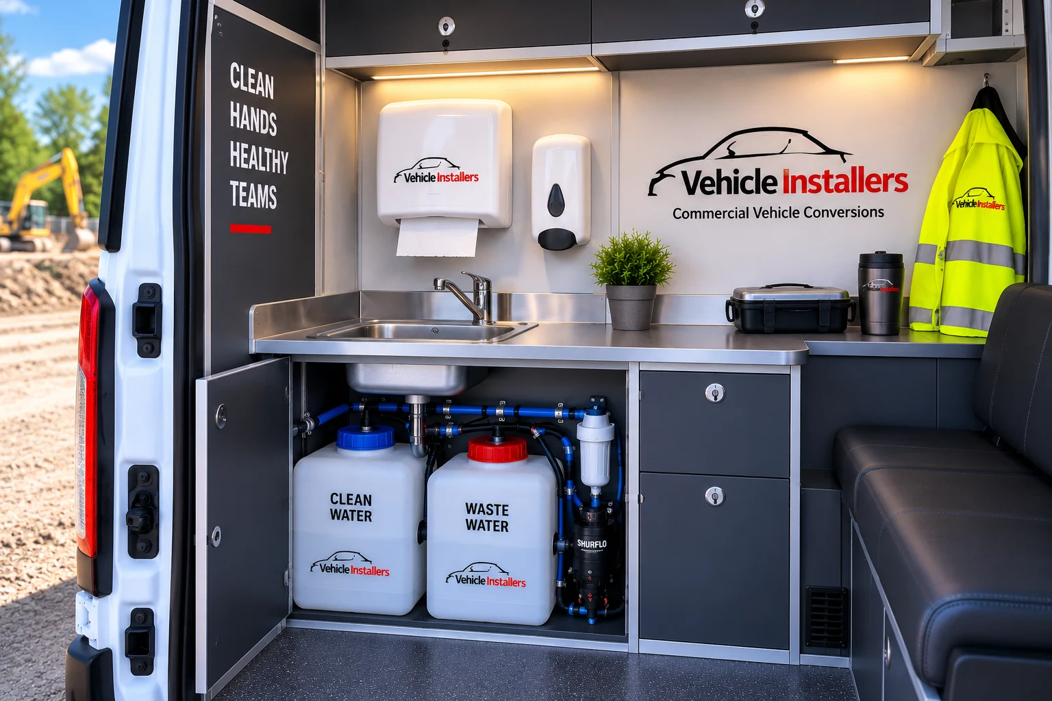 Welfare van handwashing and water systems concept showing a stainless steel sink, clean and waste water tanks, pump and soap dispensers.