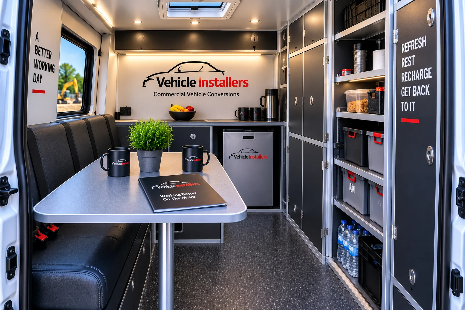 Welfare van handwashing and water systems concept showing a stainless steel sink, clean and waste water tanks, pump and soap dispensers.